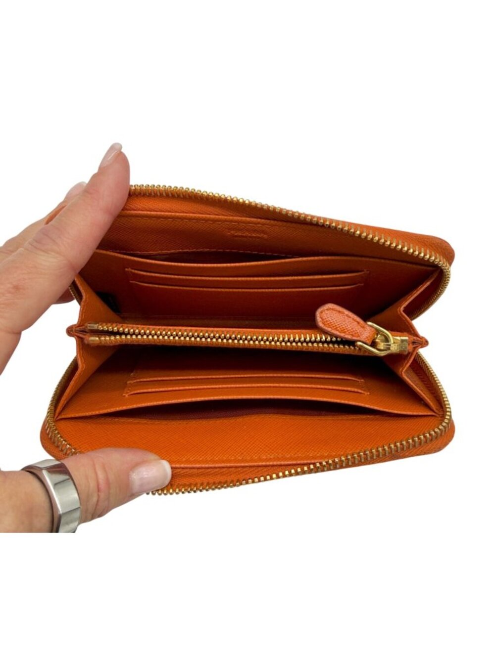 Prada Orange/Red Saffiano Leather Bicolor Zip Around Wallet featuring a gold log - Picture 7 of 12
